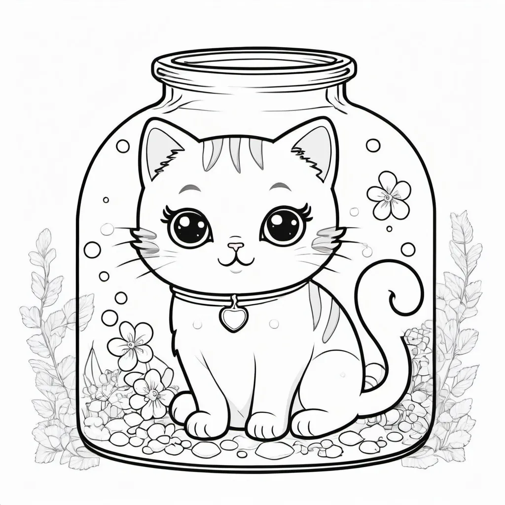 Prompt: Prompt cute cat in bottle kawaii coloring page no color no shadows fully outlined