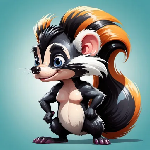 Prompt: Cartoon skunk in charge with authoritative stance, cartoon style, bold and vibrant colors, detailed fur with glossy shine, confident and commanding expression, high quality, cartoon, authoritative, vibrant colors, detailed fur, confident expression, commanding stance