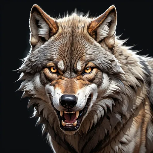 Prompt: High-quality cartoon illustration of a fierce wolf, sharp and menacing expression, detailed fur with a rugged texture, intense and piercing eyes, dark and intimidating color palette, dramatic lighting and shadows, aggressive stance, best quality, highres, ultra-detailed, cartoon, intense, dark tones, menacing, detailed fur, dramatic lighting