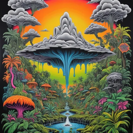 Prompt: psychedelic grey cloud, jungle, melting, concert poster, trick of the eye painting