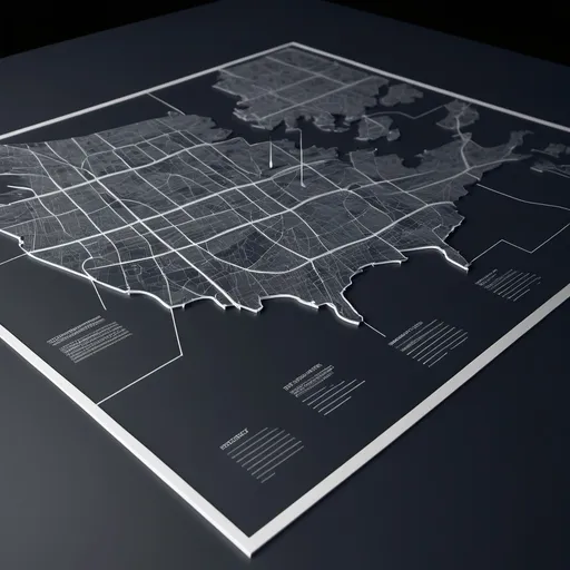 Prompt: dark map image for scientific presentation. The map is put on a plan surface and out of the 3D map we can get insghits, statistical reports, analytics, iot data...