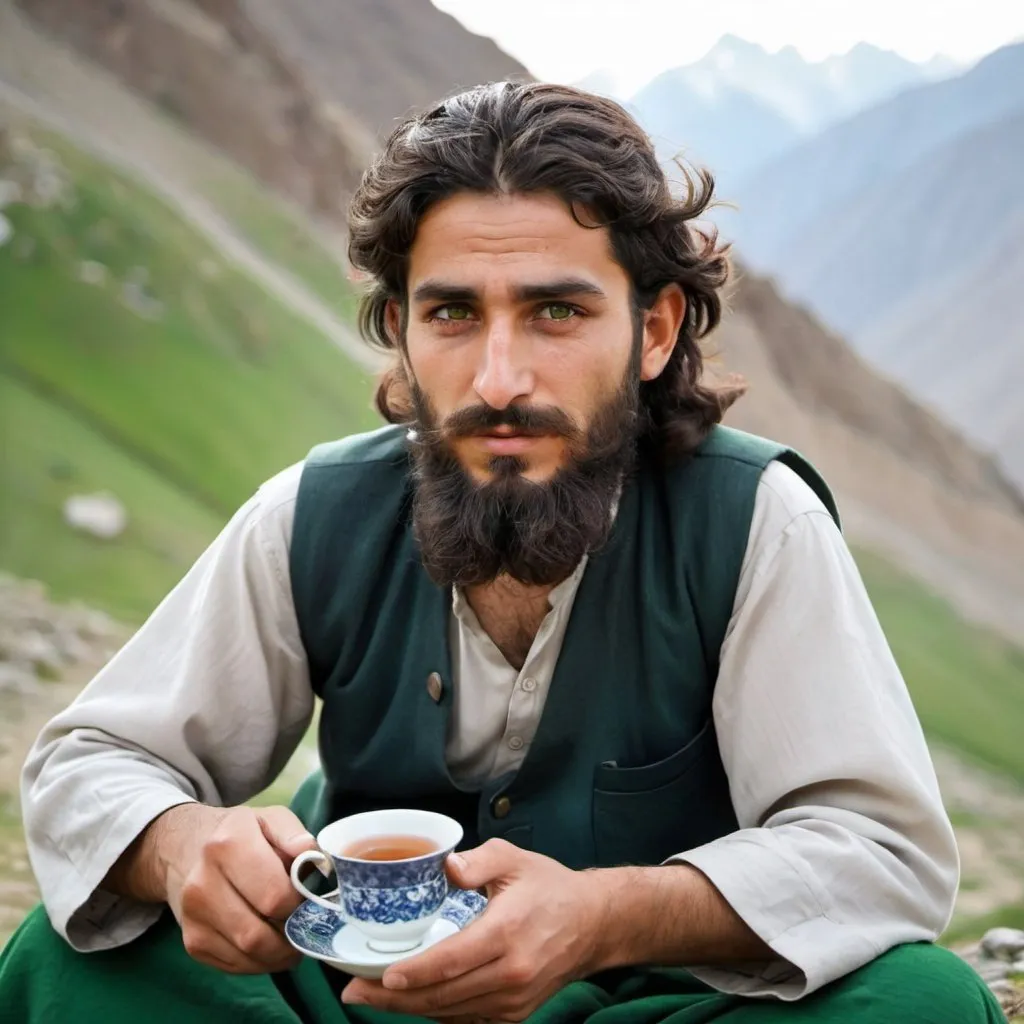 Prompt: Pashtun man with glorious wavy hair and beautiful beard. green eyes. he is sitting on the mountain drinking tea.