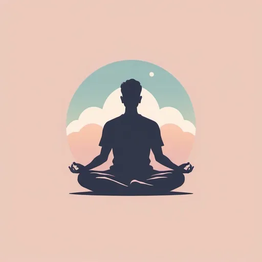 Prompt: a minimalist logo design, pastel colors and a retro aesthetic, a guy silhouette in meditation 