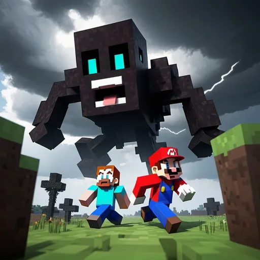 Prompt: Minecraft Wither Storm is chasing a Frightened Mario. minecraft-style art.