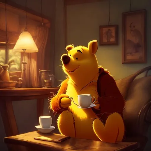 Prompt: Kanga from Winnie-the-Pooh enjoying coffee in a warm and inviting atmosphere, friendly and relaxed expression, traditional 2D animation, rich earthy tones, soft and warm lighting, detailed fur and textures, classic style, inviting ambiance, best quality, highres, warm tones, traditional animation, detailed fur, cozy atmosphere, inviting ambiance