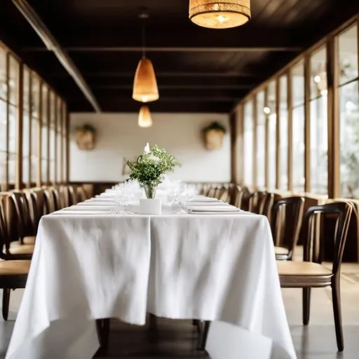 Prompt: long single restaurant table with white linen no people



 