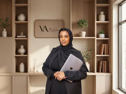 Prompt: Create a professional personal brand image for VA by Nura.

Use the uploaded portrait photo of the woman holding a laptop as the main subject in the foreground. Keep her appearance realistic and elegant.

Place her in a modern, professional home office environment similar to the photo, with clean shelving, plants, and a calm professional atmosphere.

In the background, subtly incorporate the VA by Nura logo on the wall behind her as a stylish brand element. The logo should appear like a clean wall sign or branding plaque, not floating or distorted.

The composition should feel:

• professional
• feminine
• minimal
• premium personal brand

Lighting should be soft and natural, similar to a professional brand photoshoot.

Colour palette should complement the logo colours:

beige

warm neutrals

soft browns

elegant minimal tones

The final image should feel like a founder portrait for an online business, suitable for:

• Stan Store
• social media profile
• website branding

The logo should be visible but subtle, placed behind the subject on the wall.

Style: high-end personal brand photography.