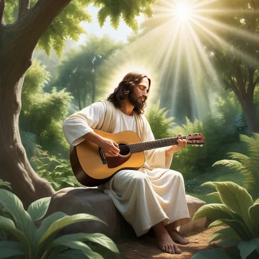 Prompt: 
Create an image of Jesus Christ playing a guitar in a serene natural setting, surrounded by lush greenery, soft sunlight filtering through the trees, and a peaceful atmosphere.