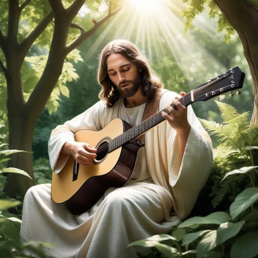 Prompt: 
Create an image of Jesus Christ playing a guitar in a serene natural setting, surrounded by lush greenery, soft sunlight filtering through the trees, and a peaceful atmosphere.