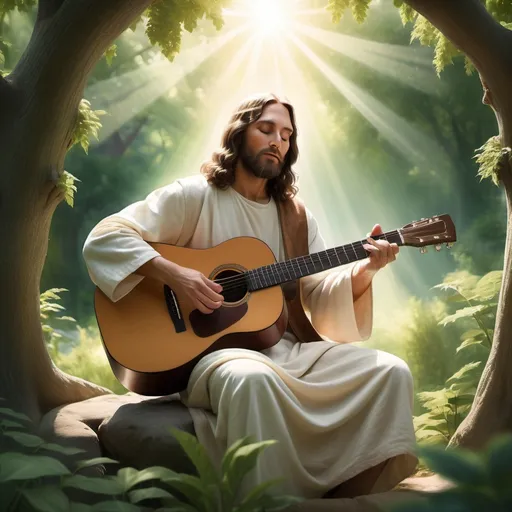 Prompt: 
Create an image of Jesus Christ playing a guitar in a serene natural setting, surrounded by lush greenery, soft sunlight filtering through the trees, and a peaceful atmosphere.