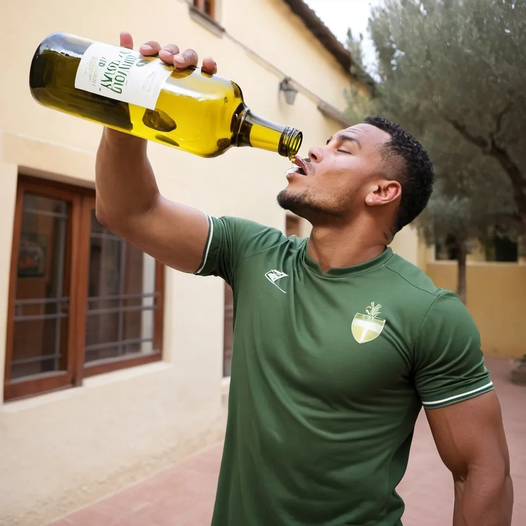 Prompt: Football star Chis Olave catching a bottle of Olive Oil