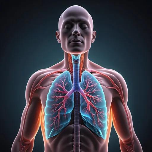 Prompt: (Human respiratory system), detailed 3D visualization, (cinematic view), vibrant colors, anatomical accuracy, ultra-detailed textures, glowing elements highlighting lung pathways, dynamic prompts of air flow visualization, rich contrasts to emphasize depth, atmospheric effects creating a surreal environment, soft ambient lighting, visually striking presentation, engaging educational format, high quality, 4K resolution.