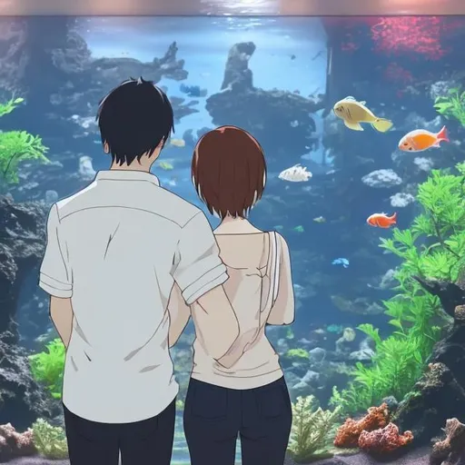 Prompt: back view of a pair of couple in aquarium in anime