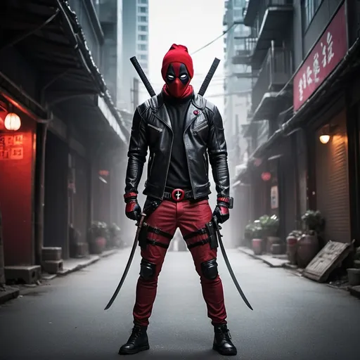 Prompt: Kdrama style superhero. Wearing red beanie. Wearing tight dark leather jacket. Have face covered in Deadpool type of mask which is all black. Carrying a samurai style sword.