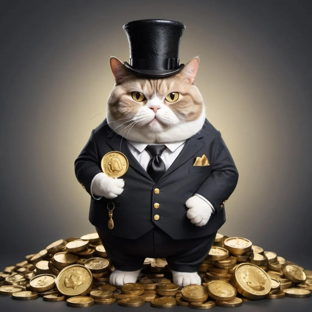 Prompt: Chubby cat in a business suit and a monocle on top of a pile of gold coins