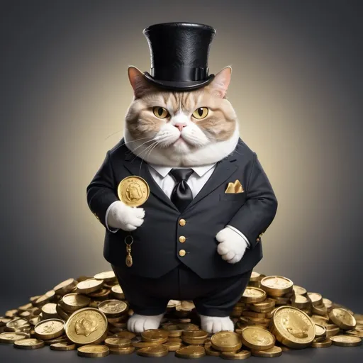 Prompt: Chubby cat in a business suit and a monocle on top of a pile of gold coins