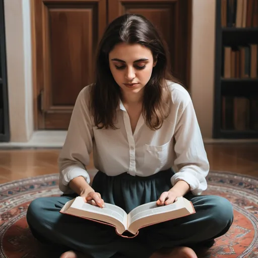 Prompt: a woman is sitting down in a circle with her hands on her knees and a book on her lap, Ayshia Taşkın, aestheticism, profile picture, a picture