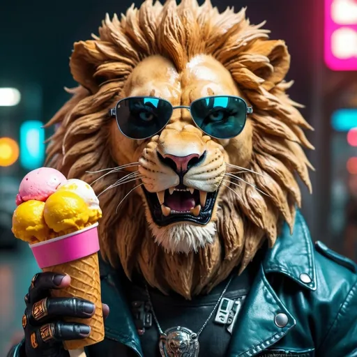 Prompt: cyberpunk fierce killer lion with sunglasses holding icecream