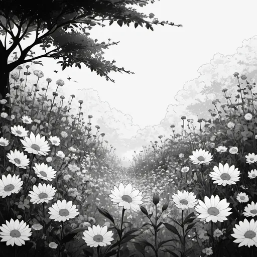 Prompt: anime style background lots of flowers in black and white. no human
