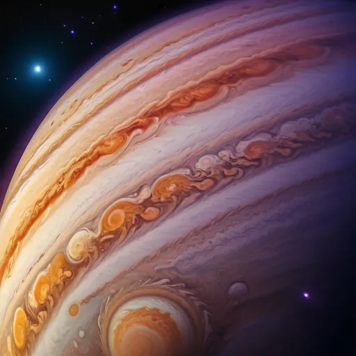 Prompt: (stunning sunset on Jupiter), swirling clouds casting vibrant shades of orange, purple, and pink, vivid planetary surface details, (highly detailed), alien atmosphere filled with gas formations, mesmerizing light diffusion, dramatic horizon as day transitions to night, (cinematic), cosmic wonder, expansive star-filled background, (ultra-detailed), capturing the grandeur of the universe.