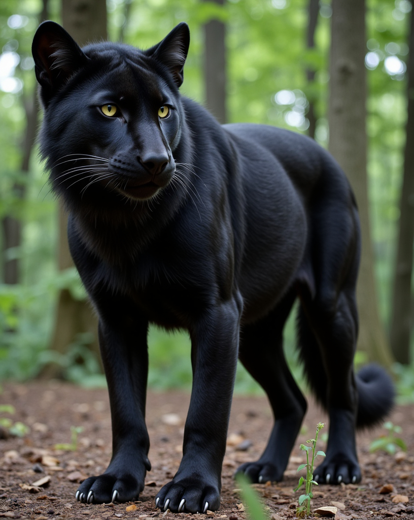 Prompt: Animal Fusion: black panther body, black wolf head, long black fluff tail, small silver spines on the back and tail, slightly athletic body,forest with tall trees, hd, 2k, high quality, realistic, ultra realistic, zoom out, full body