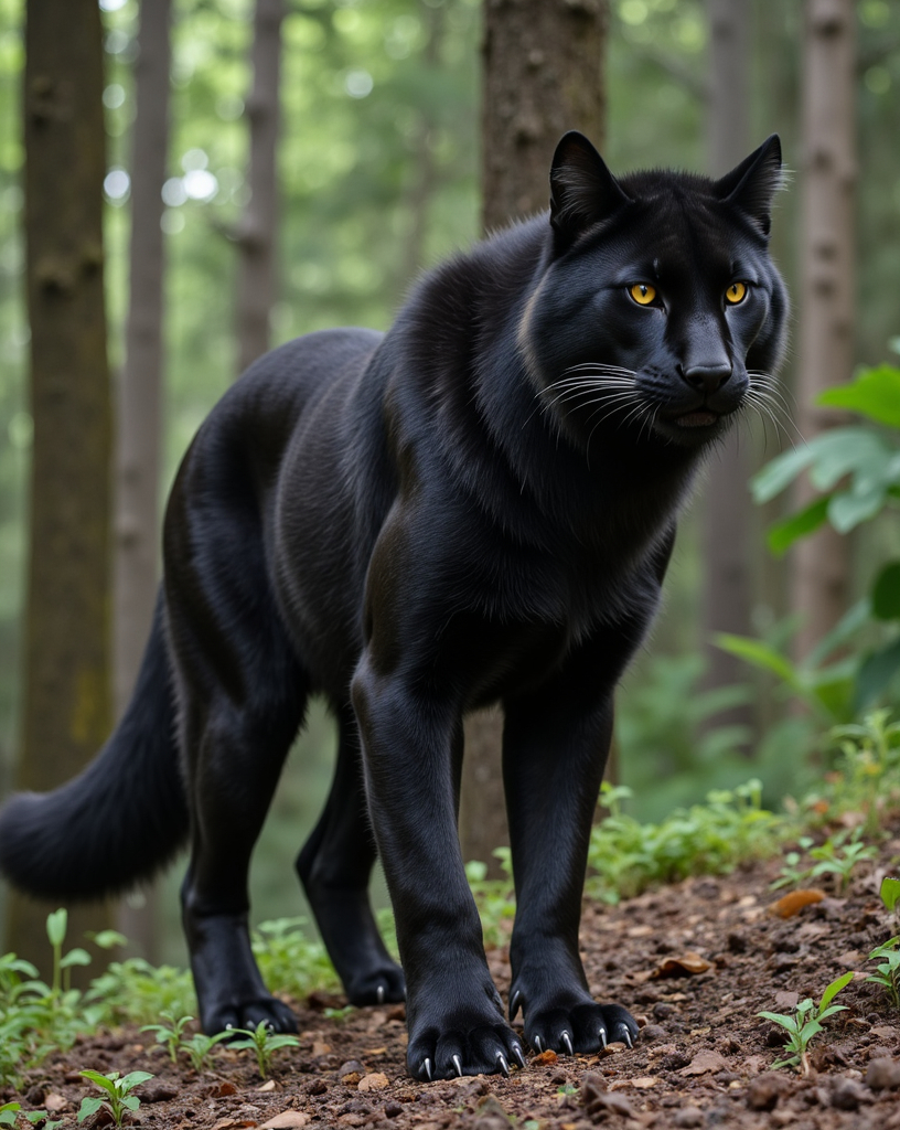 Prompt: Animal Fusion: black panther body, black wolf head, long black fluff tail, small silver spines on the back and tail, slightly athletic body,forest with tall trees, hd, 2k, high quality, realistic, ultra realistic, zoom out, full body