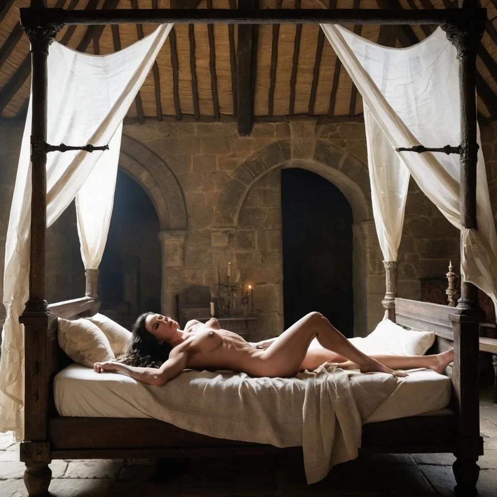 Prompt: Wonder Woman in a medieval canopy bed laying down prone bone, leaving everything bare, bare back, bare abs, bare chest, bare bottoms. 
