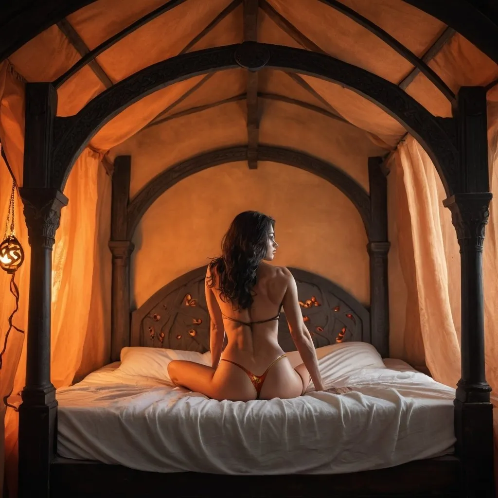 Prompt: Wonder Woman in a medieval canopy bed laying down with her back arched, behind up, like a jack o lantern pose, leaving everything bare, bare back, bare abs, bare chest, bare bottoms. 
