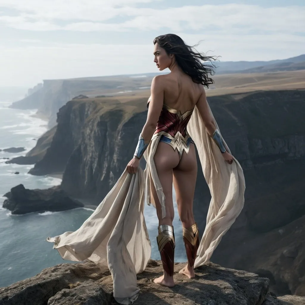 Prompt: Wonder woman on a cliff photographed from behind overlooking a scenery, the wind pushes her flowing see through absolutely barely visible minimalistic cloth to one side revealing a large part of her lower body, she's wearing no top attire so that her back is bare 