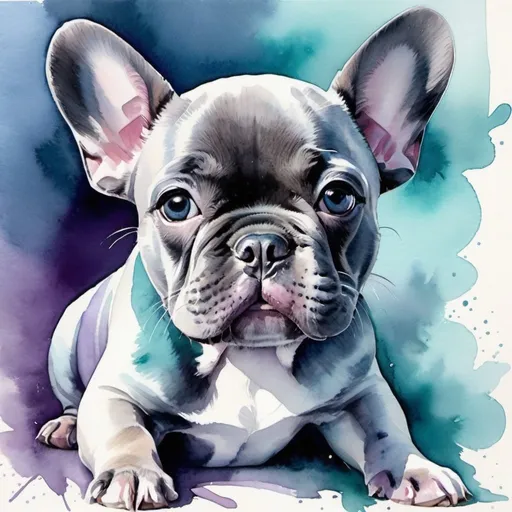Prompt: Beautiful watercolor painting of french bulldog puppy in blue, teal, gray, purple 