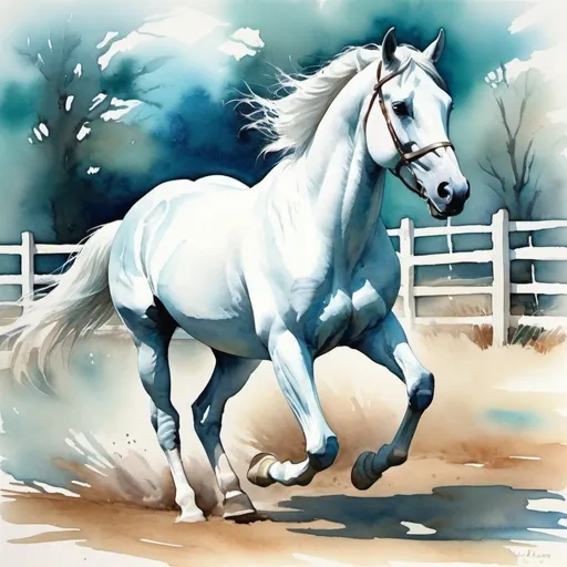 Prompt: Beautiful watercolor painting in white blue &teal, of white horse running in fenced in area 