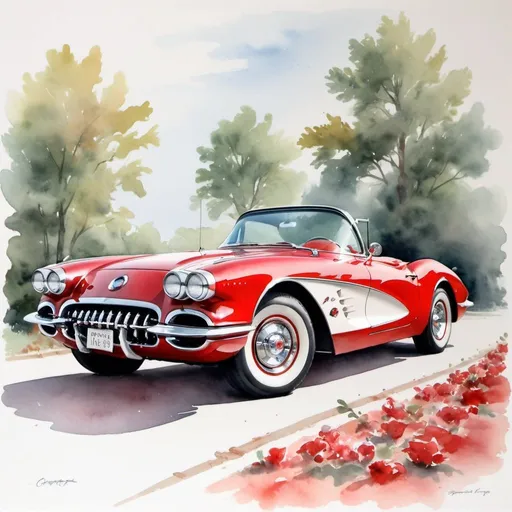 Prompt: Beautiful watercolor print in red & white 1959 corvette