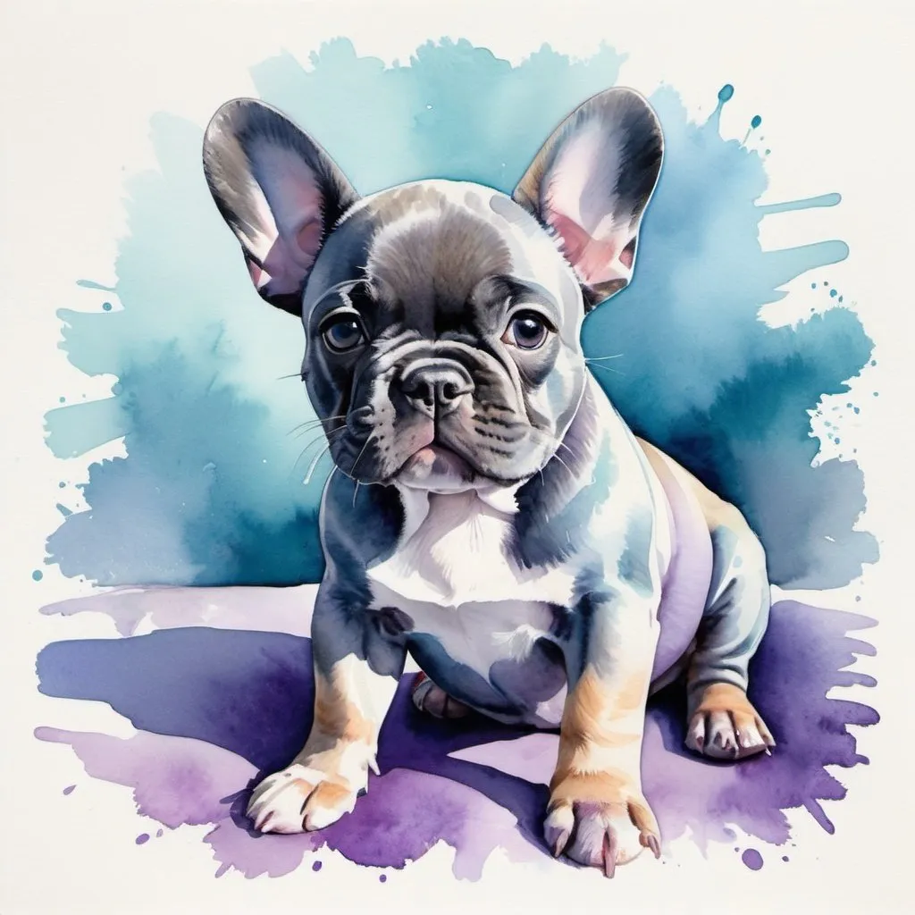 Prompt: Beautiful watercolor painting of french bulldog puppy in blue, teal, gray, purple in the sun