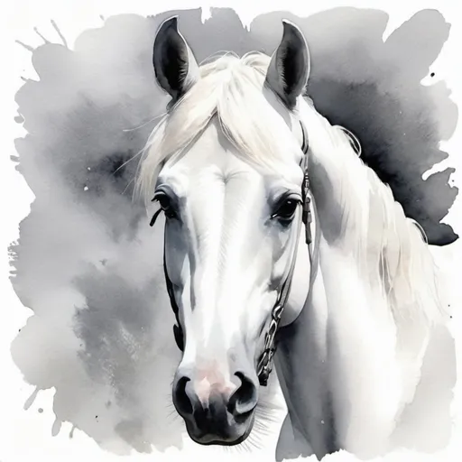 Prompt: Beautiful watercolor print in gray & white of a beautiful white horse