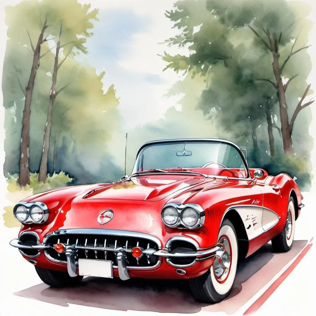 Prompt: Beautiful watercolor print in red & white 1957 corvette