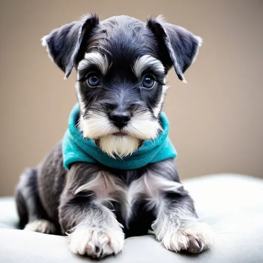 Prompt: Beautiful miniature schnauzer puppy in blue, teal, gray, purple 