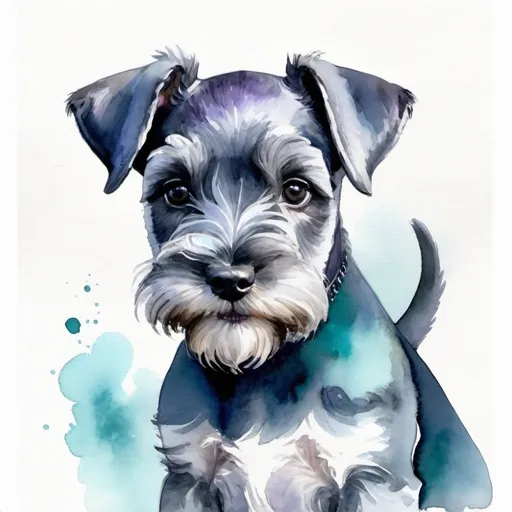 Prompt: Beautiful watercolor painting of miniature schnauzer puppy in blue, teal, gray, purple 