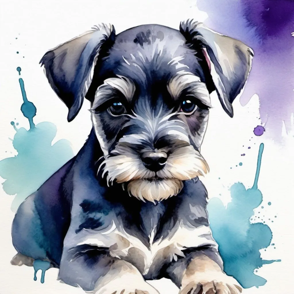 Prompt: Beautiful watercolor painting of miniature schnauzer puppy in blue, teal, gray, purple 
