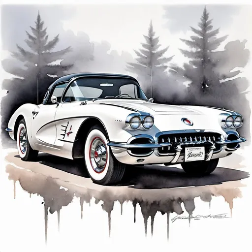 Prompt: Beautiful watercolor print with black & white 1960 corvette classic