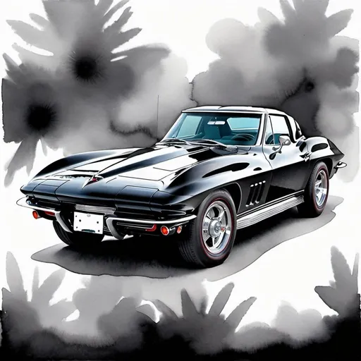 Prompt: Beautiful watercolor print with a black & white 1967 corvette classic