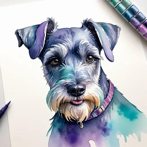 Prompt: Watercolor drawing of Miniature Schnauzer with blue, purple, teal colors
