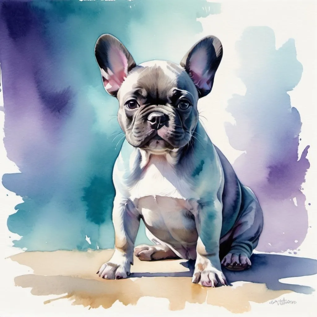 Prompt: Beautiful watercolor painting of french bulldog puppy in blue, teal, gray, purple in the sun