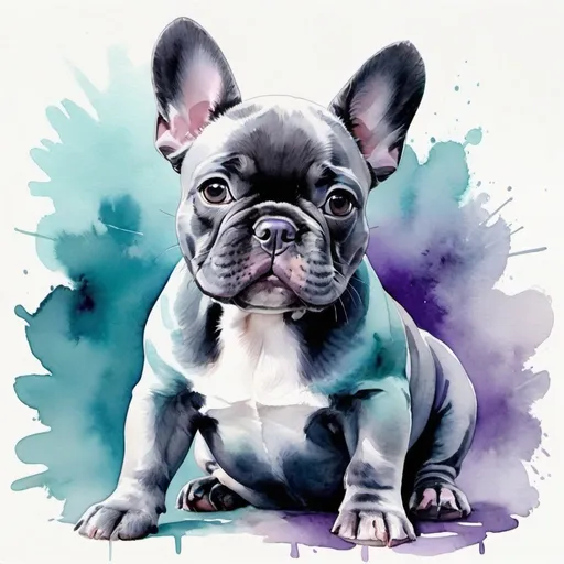 Prompt: Beautiful watercolor painting of french bulldog puppy in blue, teal, gray, purple 