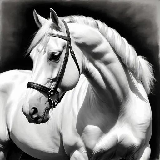 Prompt: Beautiful charcoal drawing in white, gray of a beautiful white horse