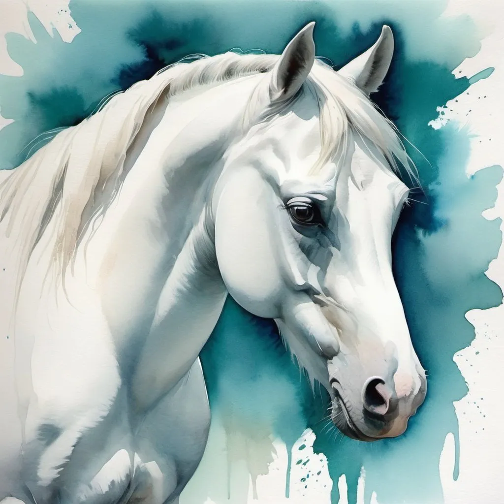 Prompt: Beautiful watercolor painting in white blue &teal, of white horse 