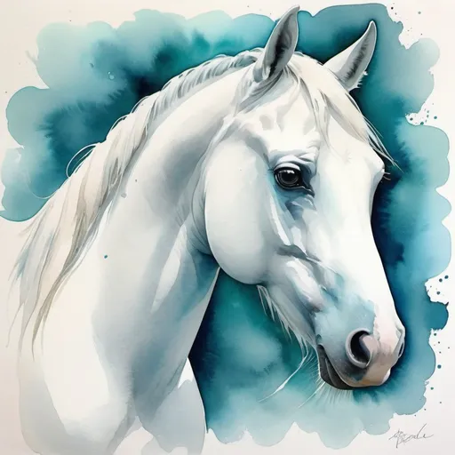 Prompt: Beautiful watercolor painting in white blue &teal, of white horse 