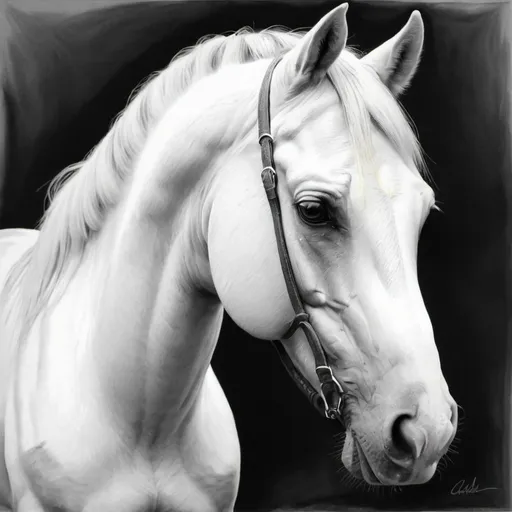 Prompt: Beautiful charcoal drawing in white, gray of a beautiful white horse