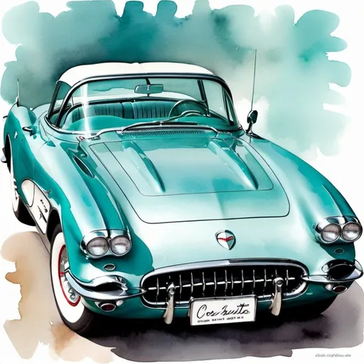 Prompt: Beautiful watercolor print in teal & white 1957 corvette