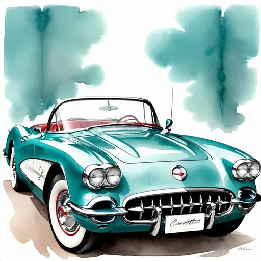 Prompt: Beautiful watercolor print in teal & white 1957 corvette