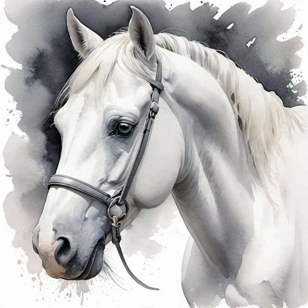 Prompt: Beautiful watercolor print in gray & white of a beautiful white horse